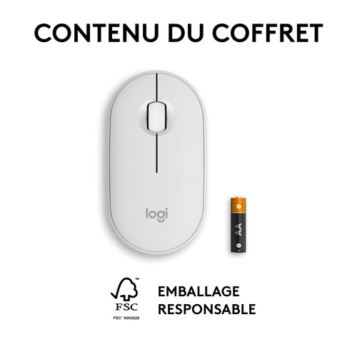 Souris Logitech Pebble Mouse 2 M350s souris fine sans fil Bluetooth,  portable, légère - Blanche - 910-007013