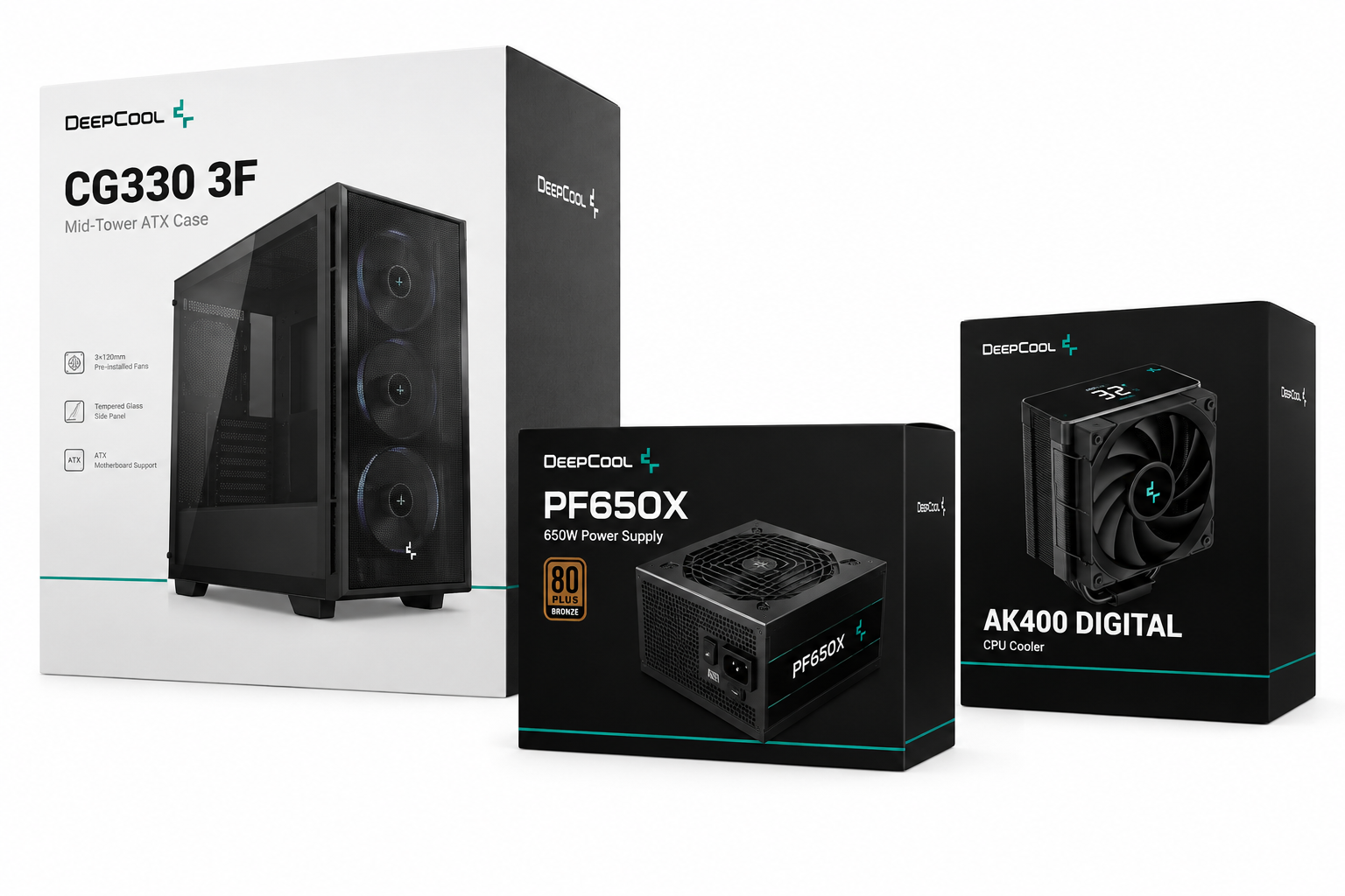 Deepcool Boitier CG330 3F + Alimentation PF650X + Ventilateur Cpu AK400 DIGITAL Full Noir