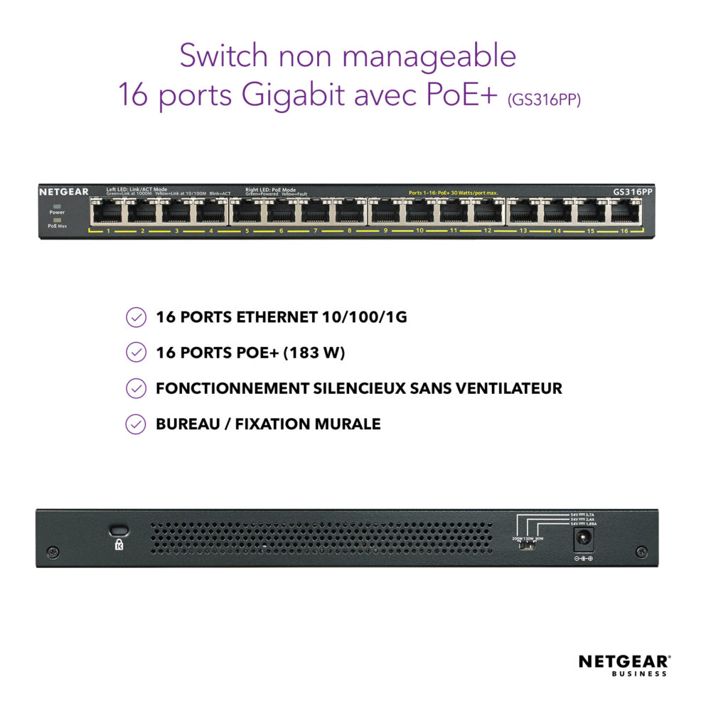 Switch Netgear 16 ports Gigabit POE+ - GS316PP - grosbill-pro.com - 3