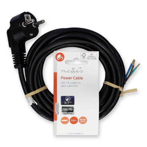 Nedis Câble d'alimention prise de terre mâle - Open - Coudé - 3m - Noir