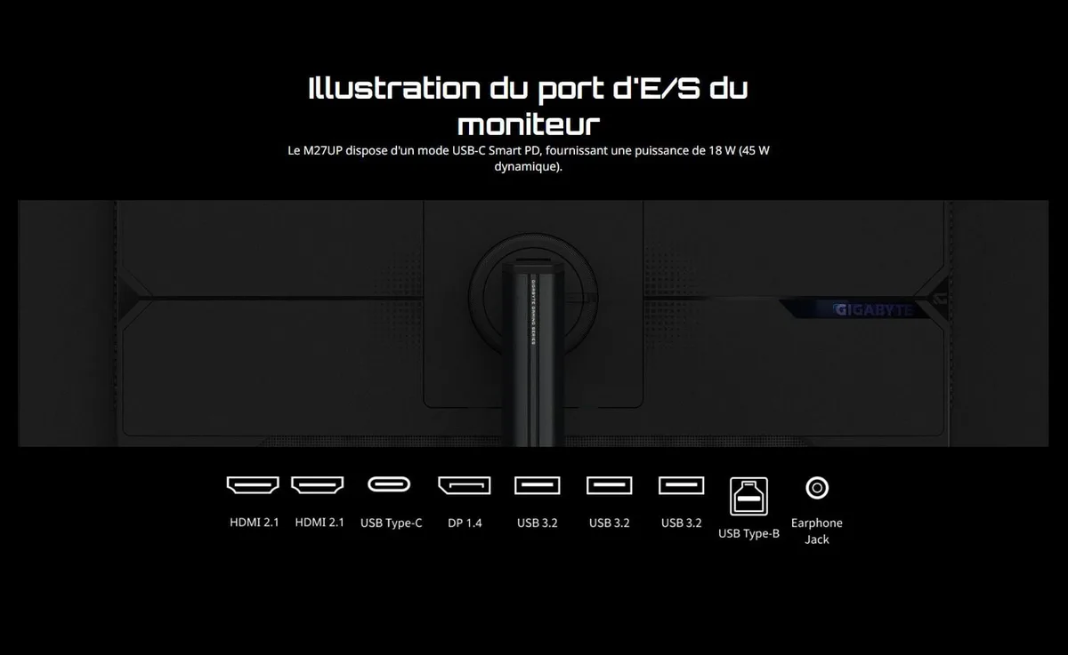 Gigabyte M27UP - 27" 4K 160Hz ou FHD 320Hz Fast-IPS USB-C KVM Pivot HP FreeSync Premium Pro — vue 6