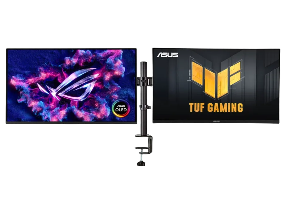 Asus ROG 27" QHD 240Hz QD-OLED + TUF 27" QHD 200Hz Fast-IPS + Support — vue 1