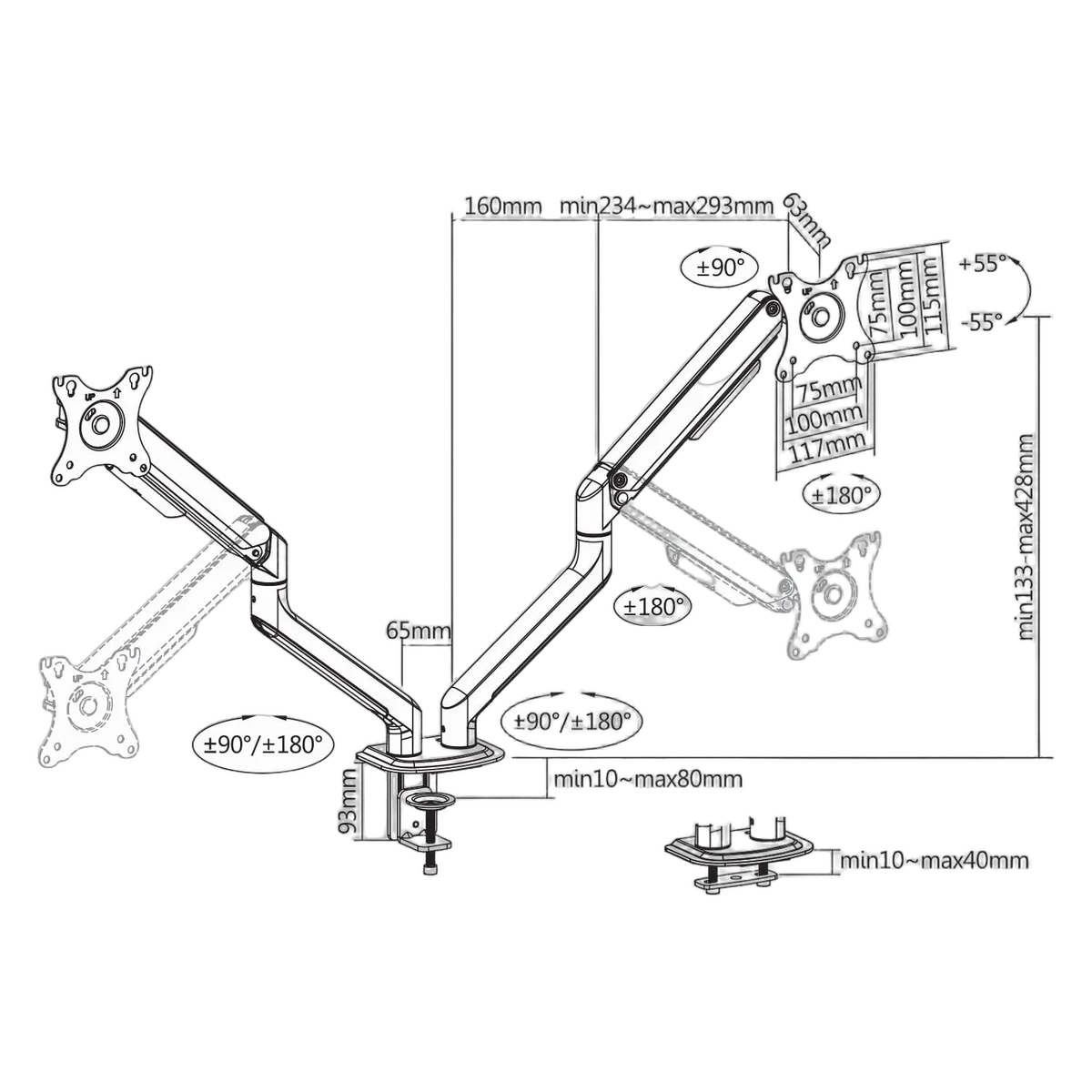 Kimex International Support de bureau Full Motion 2 écrans 17"- 32" VESA Max 100x100 Charge Max 18Kg — vue 3