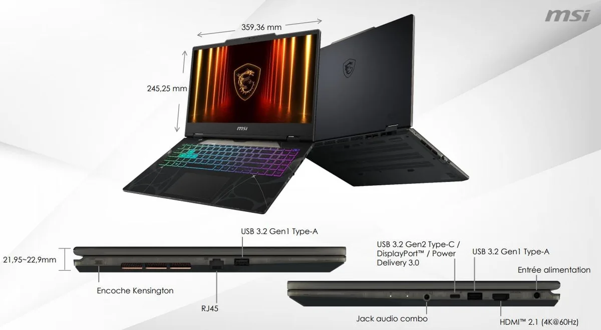 MSI Cyborg 15 B2RWEKG-400XFR - 15.6" Intel Core 5 210H RTX 5050 16Go 512Go Sans OS — vue 5