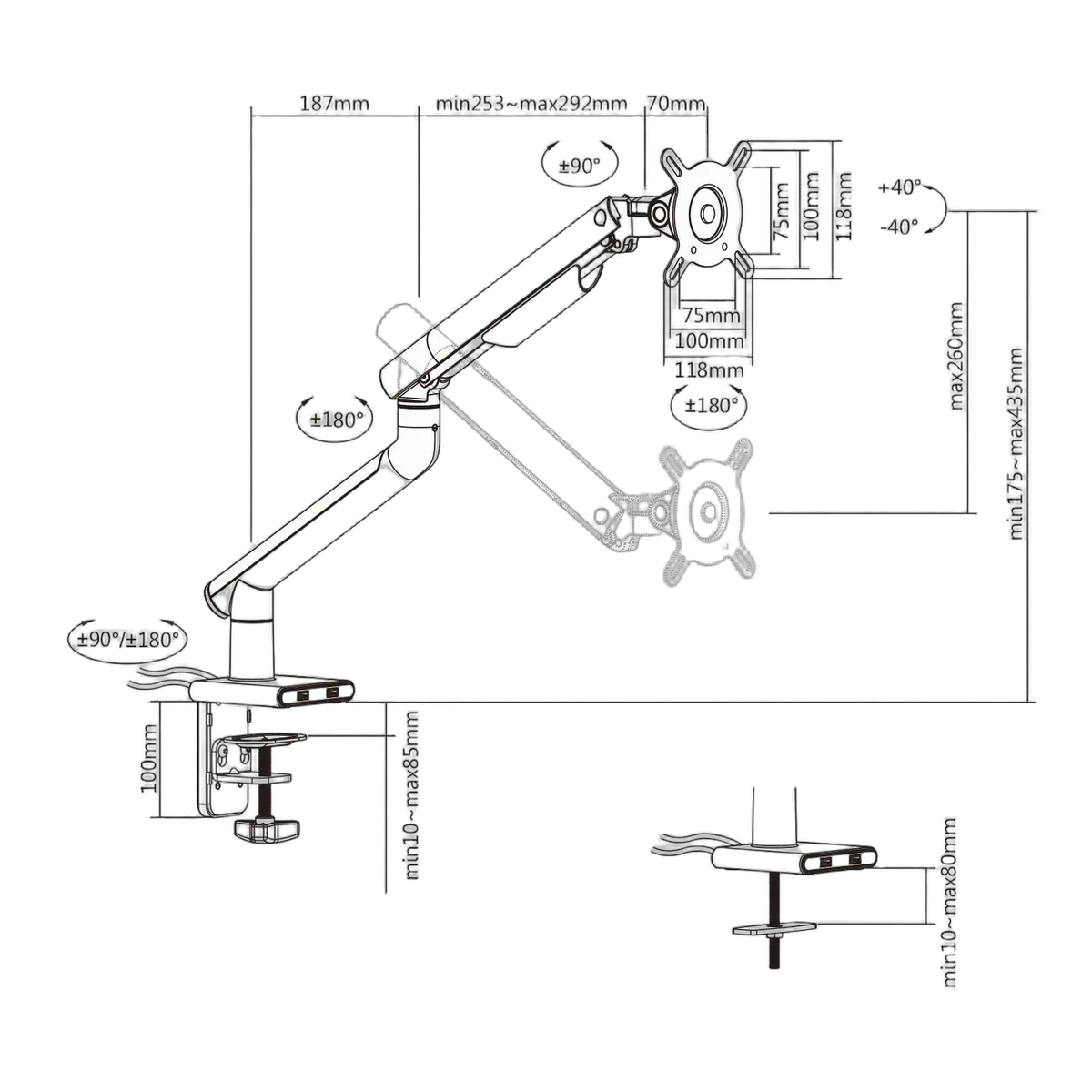 Kimex International Support de bureau Full Motion écran 17"- 32" Blanc VESA Max 100x100 Charge Max 9Kg — vue 3