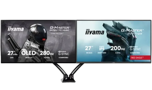 Iiyama 27" WOLED QHD 280Hz/USB-C 65W/G-SYNC + 27" QHD 200Hz IPS + Bras double — vue 1