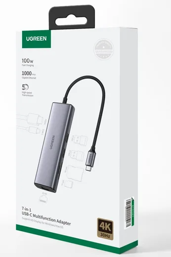 UGREEN Dock USB-C 7 en 1 - USB-C vers 2xUSB 3.0+HDMI+RJ45+USB-C+SD+MicroSD - 4K 60Hz - 100W - 0,20m - Gris — vue 2