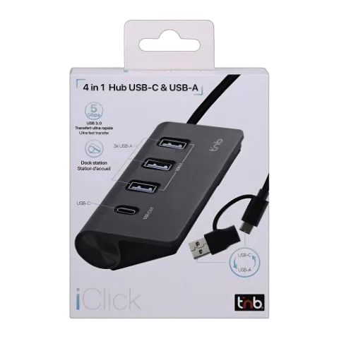 T'nB USB-A/USB-C 3.0 - 4 ports - Gris — vue 3