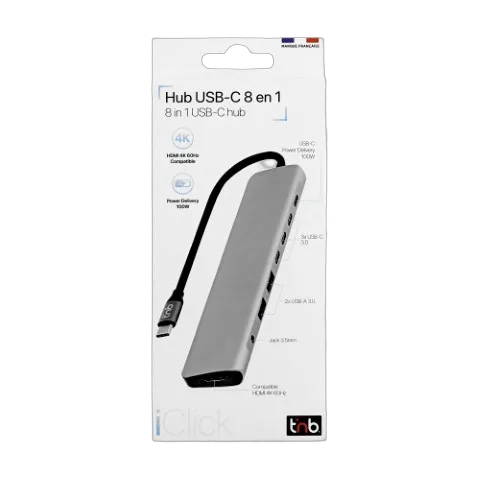 T'nB iClick Hub USB-C - 8 ports - Gris — vue 3