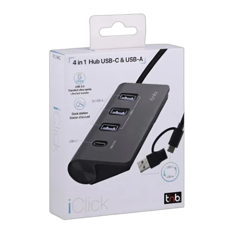 T'nB USB-A/USB-C 3.0 - 4 ports - Gris — vue 2