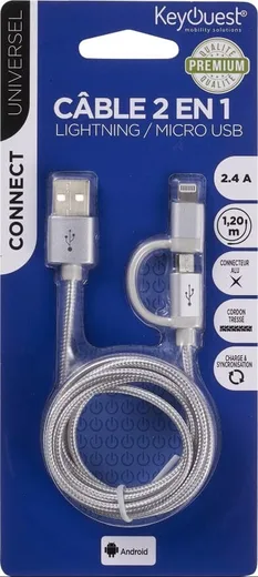 KEYOUEST Câble USB/Lightning/Micro USB-B - 1.2m - Gris — vue 2